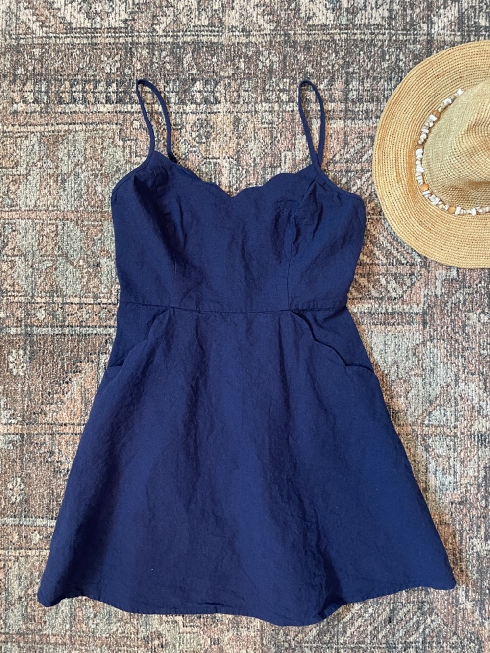 Pixley Navy Scallop Crissie Sundress Linen Blend Small